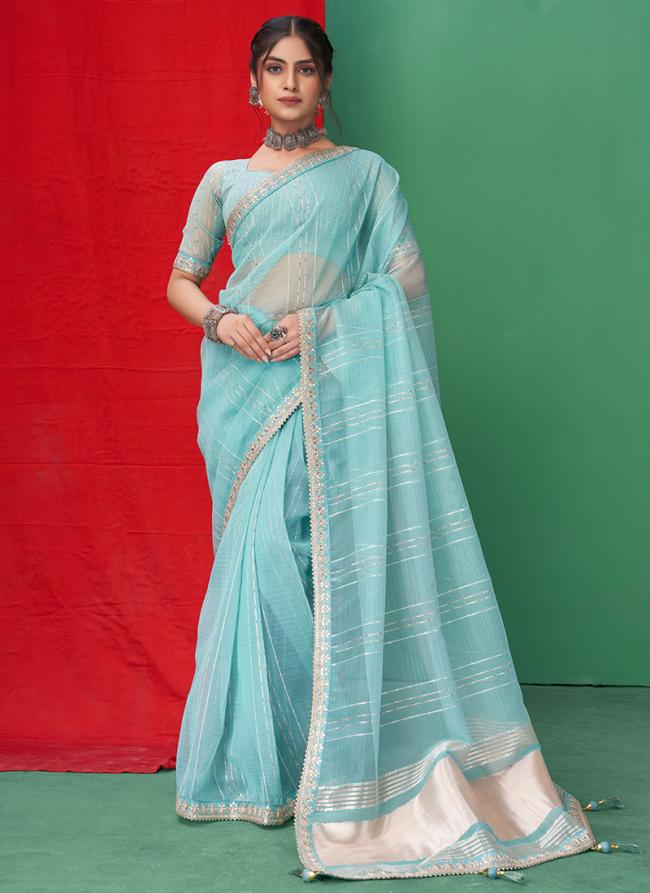 Organza Sky Blue Party Wear Sequins Work Saree